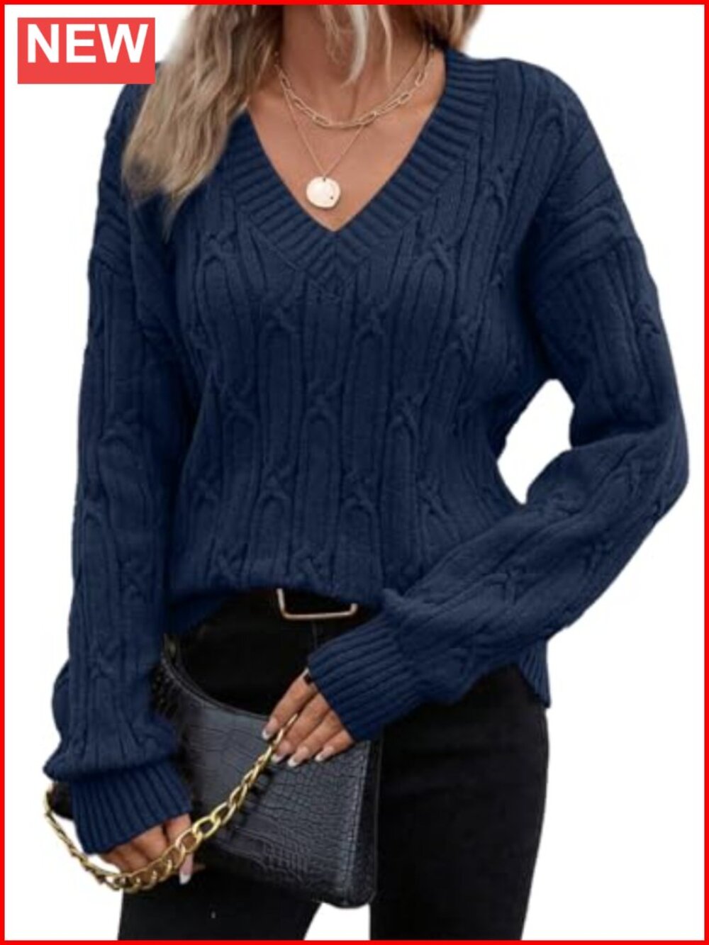 Cable Knit Crochet V Neck Long Sleeve Pullover Sweater